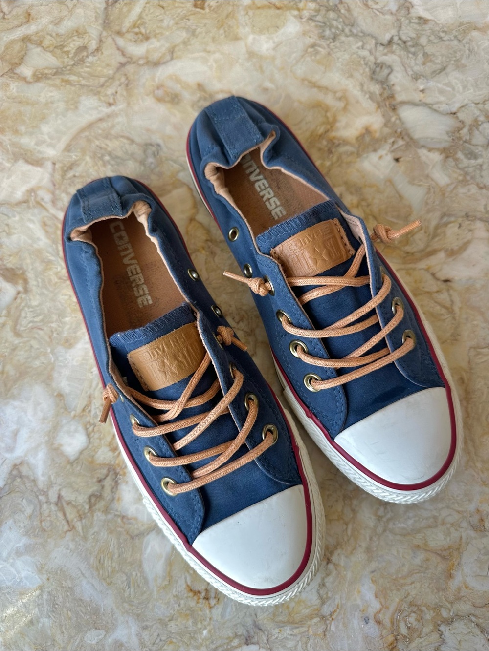Converse Chuck Taylor All Star Shoreline Navy Blue Slip On Sneakers Womens 7 Tan